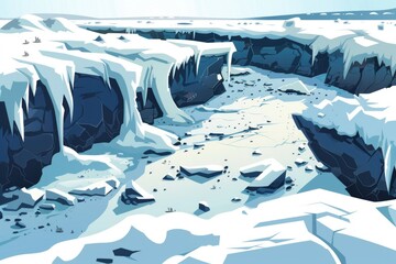 Poster - A cartoon picture of a frozen river in the mountains. Suitable for winter-themed designs