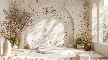 Poster - A room with a white platform surrounded by vases and flowers. Ideal for interior design concepts