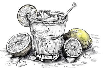 Poster - A drawing of a drink with lemons and ice cubes. Perfect for summer beverage concepts