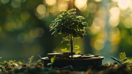 Aufkleber - A small plant sitting on a pile of coins. Suitable for finance or growth concepts