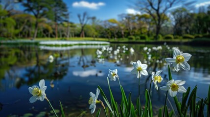 Wall Mural - A pond filled with lots of white flowers. Perfect for nature themes