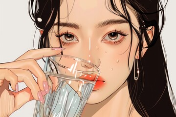 Poster - A woman drinking a refreshing glass of water. Suitable for health and lifestyle concepts