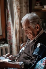Aufkleber - An elderly man sitting in a chair while using a laptop computer. Suitable for technology and senior lifestyle concepts