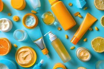 Poster - Variety of skin care products on a blue surface. Ideal for beauty and wellness concept designs