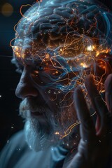 Poster - A man holding his hand up to his brain. Useful for illustrating deep thinking or problem solving concepts