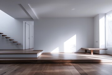 Poster - A simple image of an empty room with a wooden floor and stairs. Perfect for interior design projects