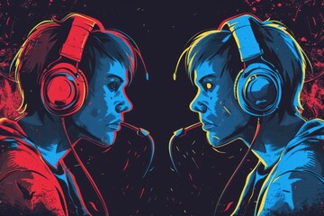 Wall Mural - A couple of people wearing headphones