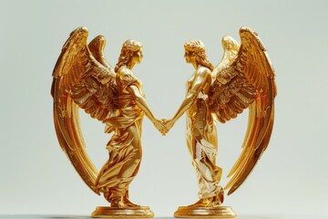 Poster - Two golden statues of angels holding hands. Perfect for religious themes or spiritual concepts