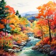 Colorful autumn landscape, river in the forest, watercolor illustration