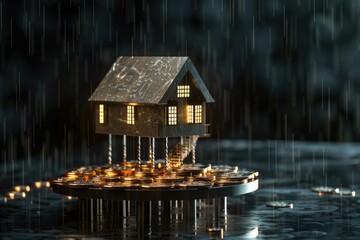 Poster - Small house on floating platform in the rain, suitable for various concepts