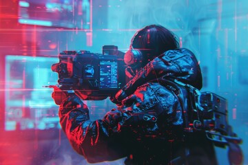 Poster - A man holding a camera in front of a building. Perfect for photography concepts