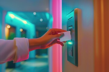Poster - Person pressing a button on a light switch. Suitable for electrical concepts