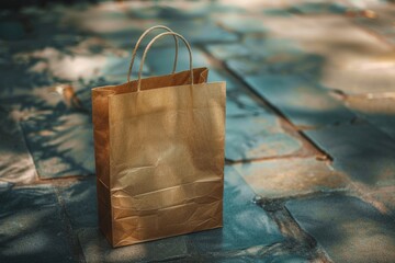 Poster - A simple brown paper bag placed on a tiled floor. Suitable for packaging or storage concepts