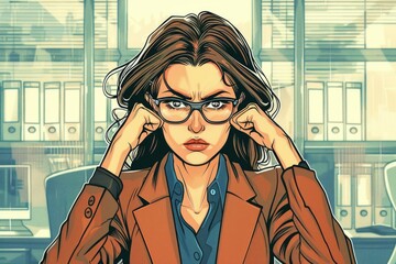 Poster - A woman with glasses sitting at a desk. Perfect for office or work-related concepts