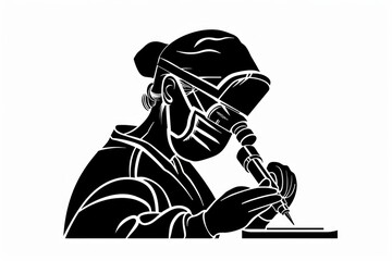Poster - Detailed black and white drawing of a man wearing a gas mask. Suitable for illustrating dystopian themes