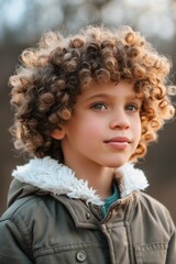 Poster - A young boy with curly hair wearing a jacket. Perfect for fashion blogs or children's clothing ads