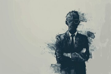Poster - A man standing with crossed arms, wearing a suit and sunglasses. Suitable for business or fashion concept