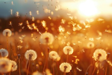 Poster - Field of dandelions with wind blowing, perfect for nature concepts