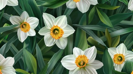 Poster - Beautiful white and yellow flowers with green leaves. Perfect for floral designs or nature backgrounds