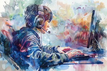 Poster - A man wearing headphones while using a computer. Ideal for technology concepts