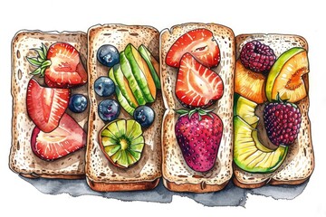 Poster - Fresh fruit slices on three pieces of bread, perfect for healthy breakfast concept