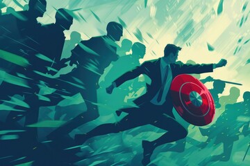 Poster - A man in a suit running with a shield, suitable for business concepts