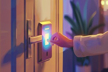 Poster - A person pressing a button on a door. Suitable for illustrating technology or security concepts