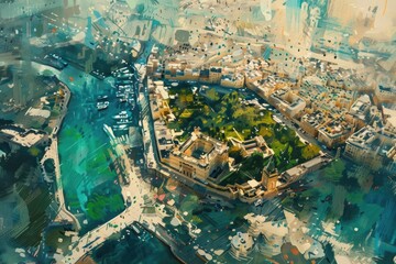 Aufkleber - A painting of a city with a river running through it. Ideal for urban landscapes