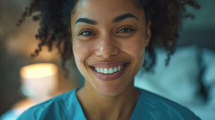 Canvas Print - A woman with curly hair smiling at the camera. Perfect for lifestyle and beauty concepts