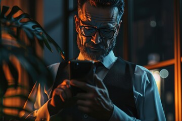 Poster - A man in a vest looking at his cell phone. Suitable for technology concepts