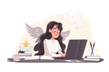 Poster - Woman sitting at a desk with a laptop computer, suitable for business and technology concepts