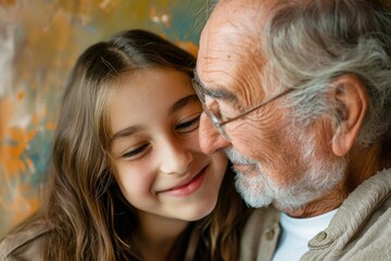Poster - Happy older man and young girl smiling together. Suitable for family and happiness concepts