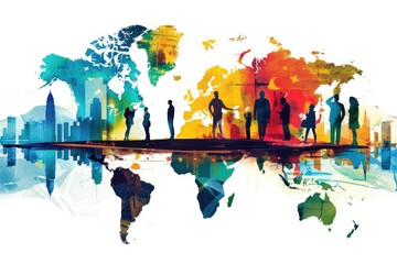 Poster - Group of people standing in front of a world map, suitable for educational or travel concept