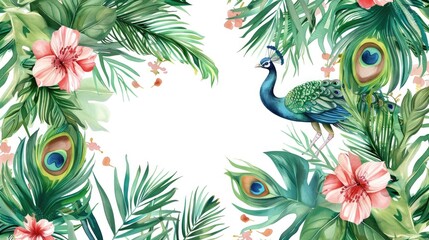 Poster - A vibrant watercolor painting of a peacock surrounded by tropical palm leaves and flowers. Perfect for adding a pop of color to any project