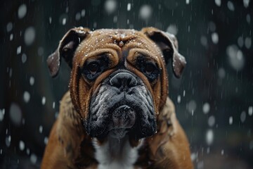 Wall Mural - A brown and white dog sitting in the snow. Suitable for winter-themed designs