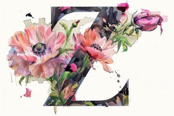 Sticker - A beautiful watercolor painting of the letter Z surrounded by delicate flowers. Perfect for greeting cards or stationery