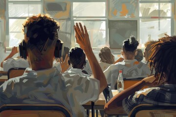 Poster - A group of people sitting at desks in a classroom. Suitable for educational themes