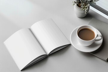 Poster - Coffee cup and open book on table, suitable for lifestyle and education themes