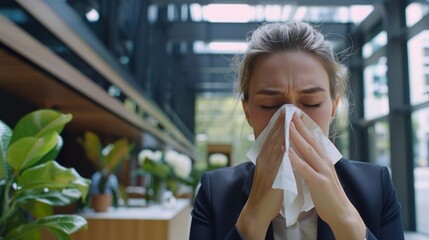 Canvas Print - A woman blowing her nose with a tissue. Suitable for medical or cold-related concepts