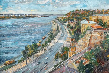 Poster - A picturesque painting of a city by the water. Suitable for travel brochures or home decor