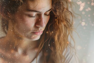 Poster - A woman with long hair looking down at a cell phone. Suitable for technology concepts