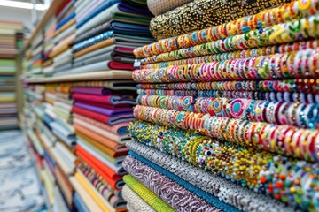 Poster - Colorful fabrics neatly stacked in a store, perfect for textile and fashion concepts