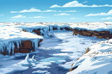 Poster - A serene painting of a frozen river in a snowy landscape, suitable for winter-themed projects