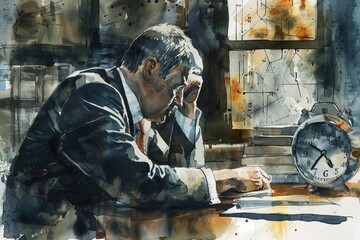 Poster - A man sitting at a table with a clock, perfect for illustrating time management concepts