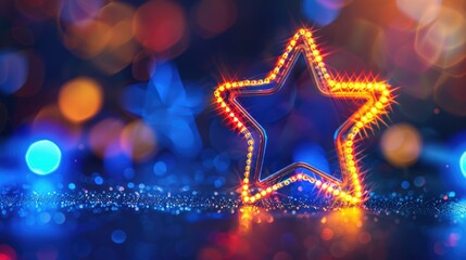 Poster - Bright neon star sign on reflective surface, perfect for advertising or nightlife concepts