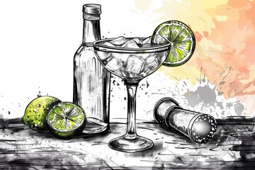 Poster - A drawing of a martini with limes and a bottle, suitable for bar and cocktail concepts