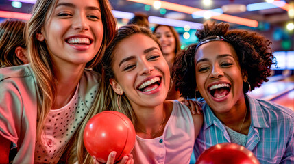 Three women are smiling and holding red bowling balls