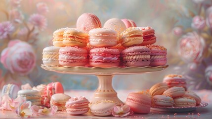 Wall Mural - elegant dessert display, a variety of vibrant macarons and dainty pastries displayed on an elegant cake stand, depicted in a whimsical and soft-hued drawing