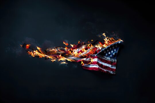 Burning USA flag on black background. American symbol on fire