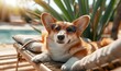 Happy corgi dog in sunglasses lying and drinking fresh cocktail on sun lounger on beach at sea, summer holidays concept